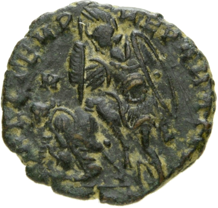 RIC VIII Arelate 272 Constantius II reverse, Soldier, helmeted, draped, cuirassed, advancing left, spearing fallen horsema...