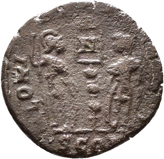 RIC VIII Arelate 34 Constantine II reverse, Two soldiers, helmeted, draped, cuirassed, facing front, heads toward each oth...
