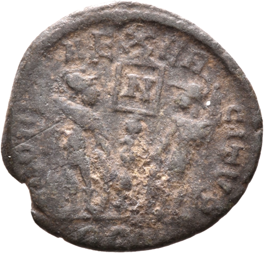 RIC VIII Arelate 35 Constantine II reverse, Two soldiers, helmeted, draped, cuirassed, facing front, heads toward each oth...