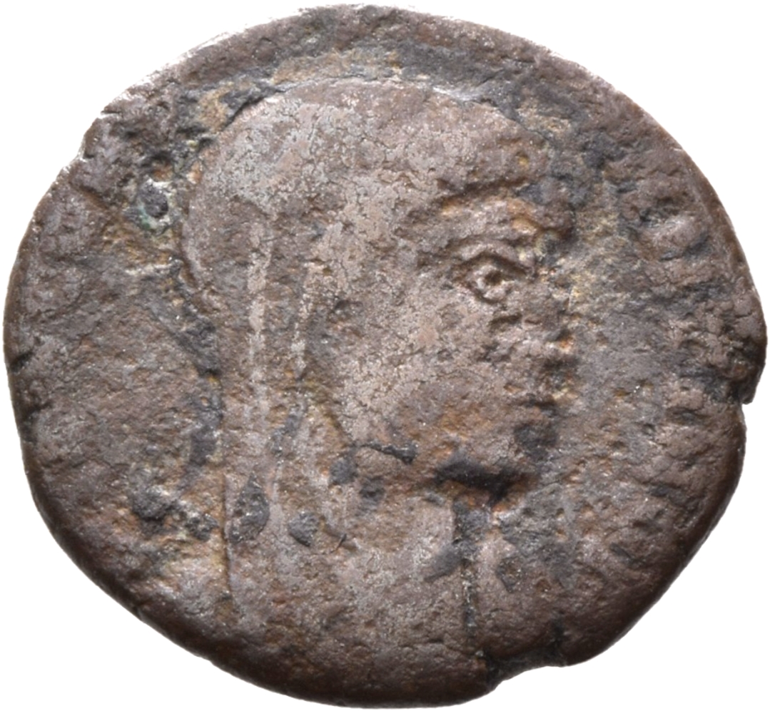 RIC VIII Arelate 40 Constantine II obverse, Bust of Constantine I, veiled, draped, cuirassed, right