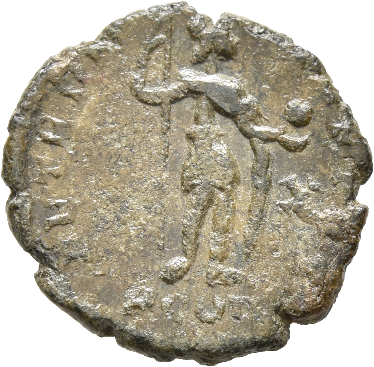 RIC VIII Arelate 40 Constantine II reverse — Constantine I, draped, cuirassed, standing left, holding globe in right hand ...