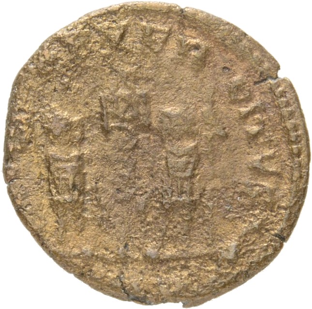 RIC VIII Arelate 46 Constantine II reverse, Two soldiers, helmeted, draped, cuirassed, facing front, heads toward each oth...
