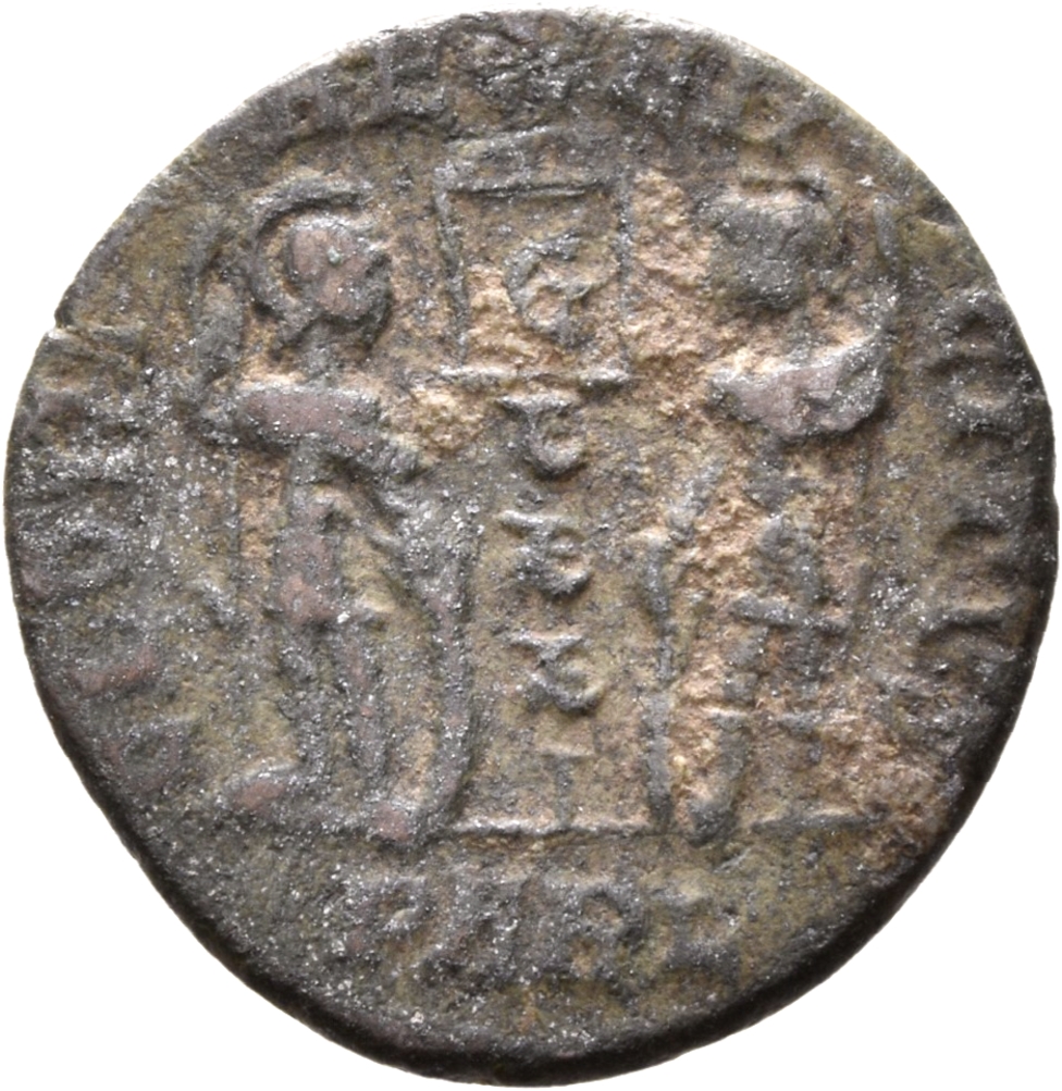 RIC VIII Arelate 56 Constantine II reverse — Two soldiers, helmeted, draped, cuirassed, facing front, heads toward each ot...