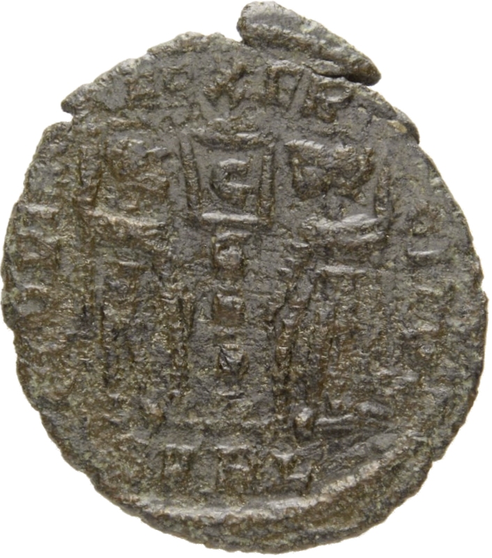 RIC VIII Arelate 57 Constantine II reverse, Two soldiers, helmeted, draped, cuirassed, facing front, heads toward each oth...