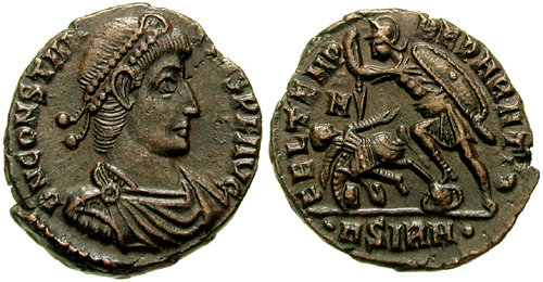 RIC VIII Arelate 75 Constans obverse, Bust of Constantius II, laureate, rosette-diademed, draped, cuirassed, right