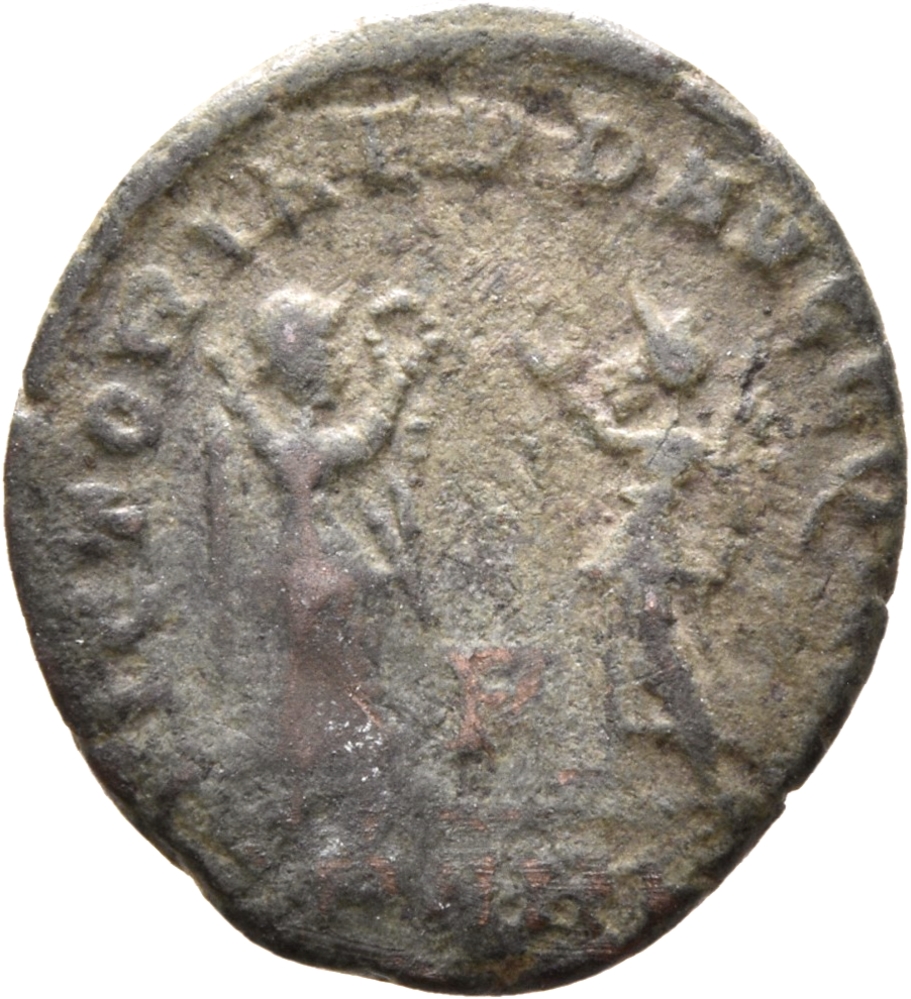 RIC VIII Arelate 83 Constans reverse, Two Victories, winged, draped, facing each other, each holding wreath in right hand ...