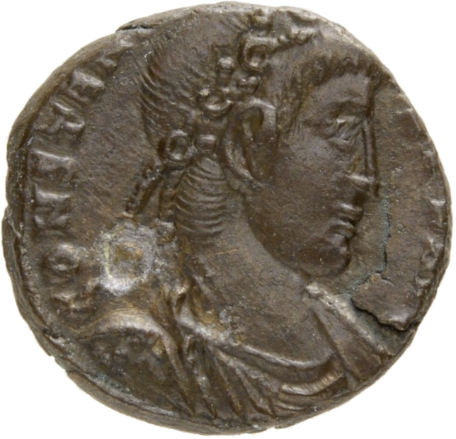 RIC VIII Arelate 93 Constans obverse, Bust of Constans, laureate, rosette-diademed, draped, cuirassed, right