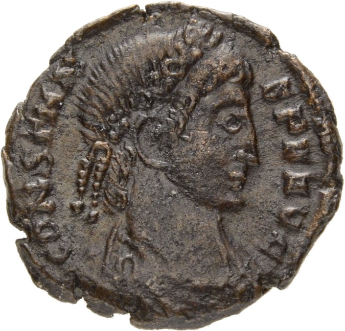 RIC VIII Arelate 93 Constans obverse — Bust of Constans, laureate, rosette-diademed, draped, cuirassed, right