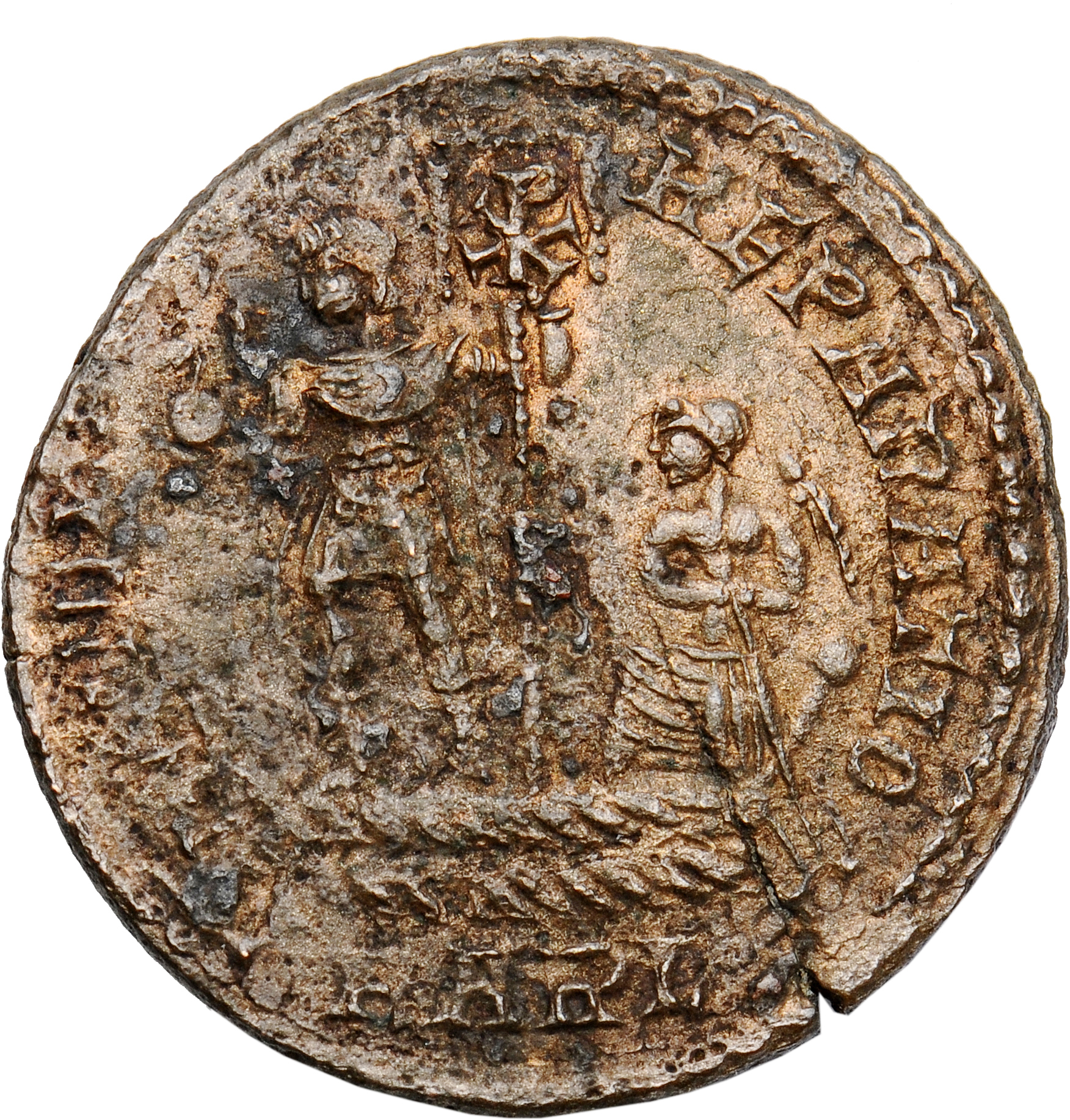 RIC VIII Arelate 99 Constans reverse, Constantius II, draped, cuirassed, standing left on galley, holding phoenix on globe...