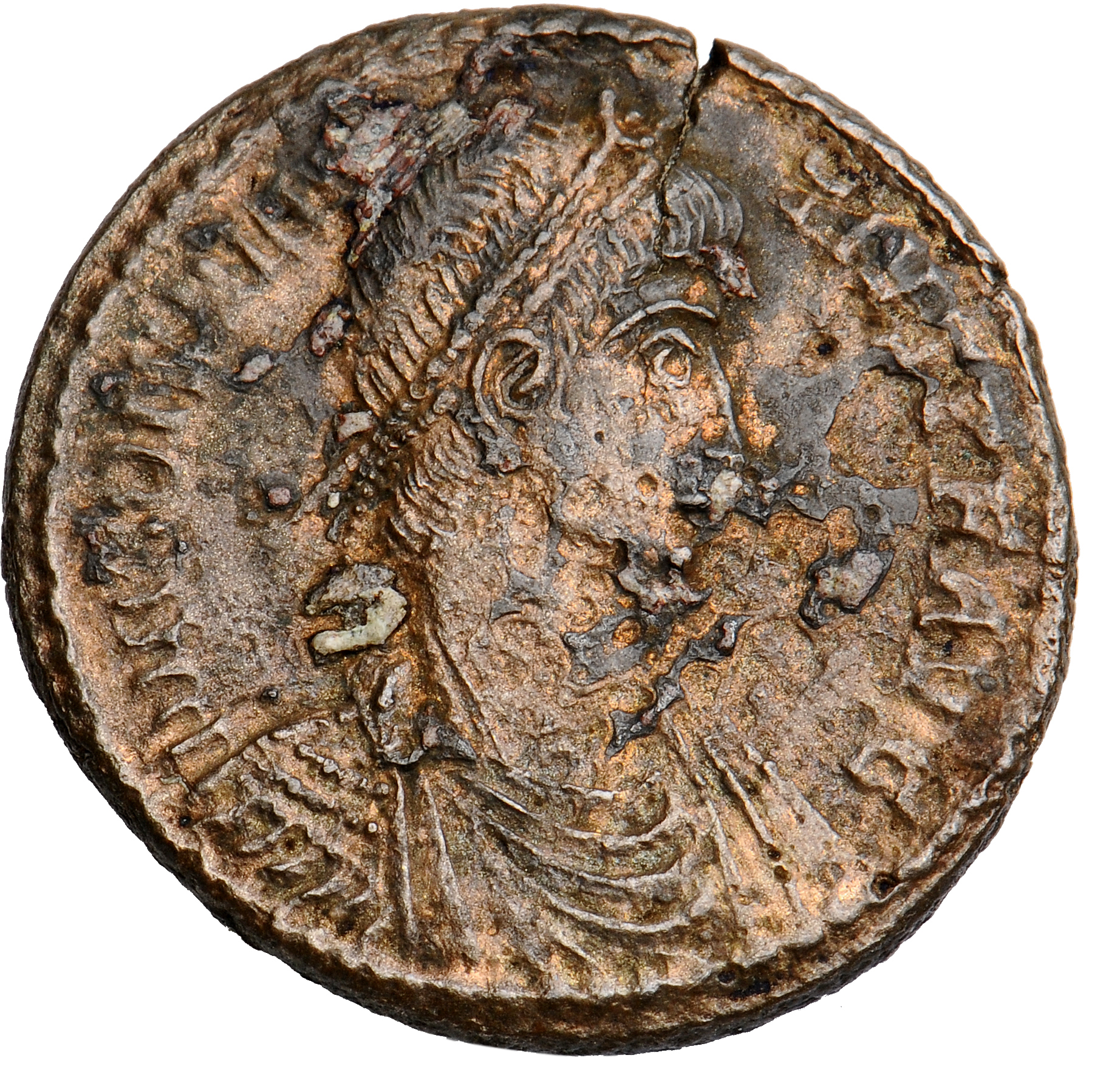 RIC VIII Arelate 99 Constans obverse, Bust of Constantius II, pearl-diademed, draped, cuirassed, right