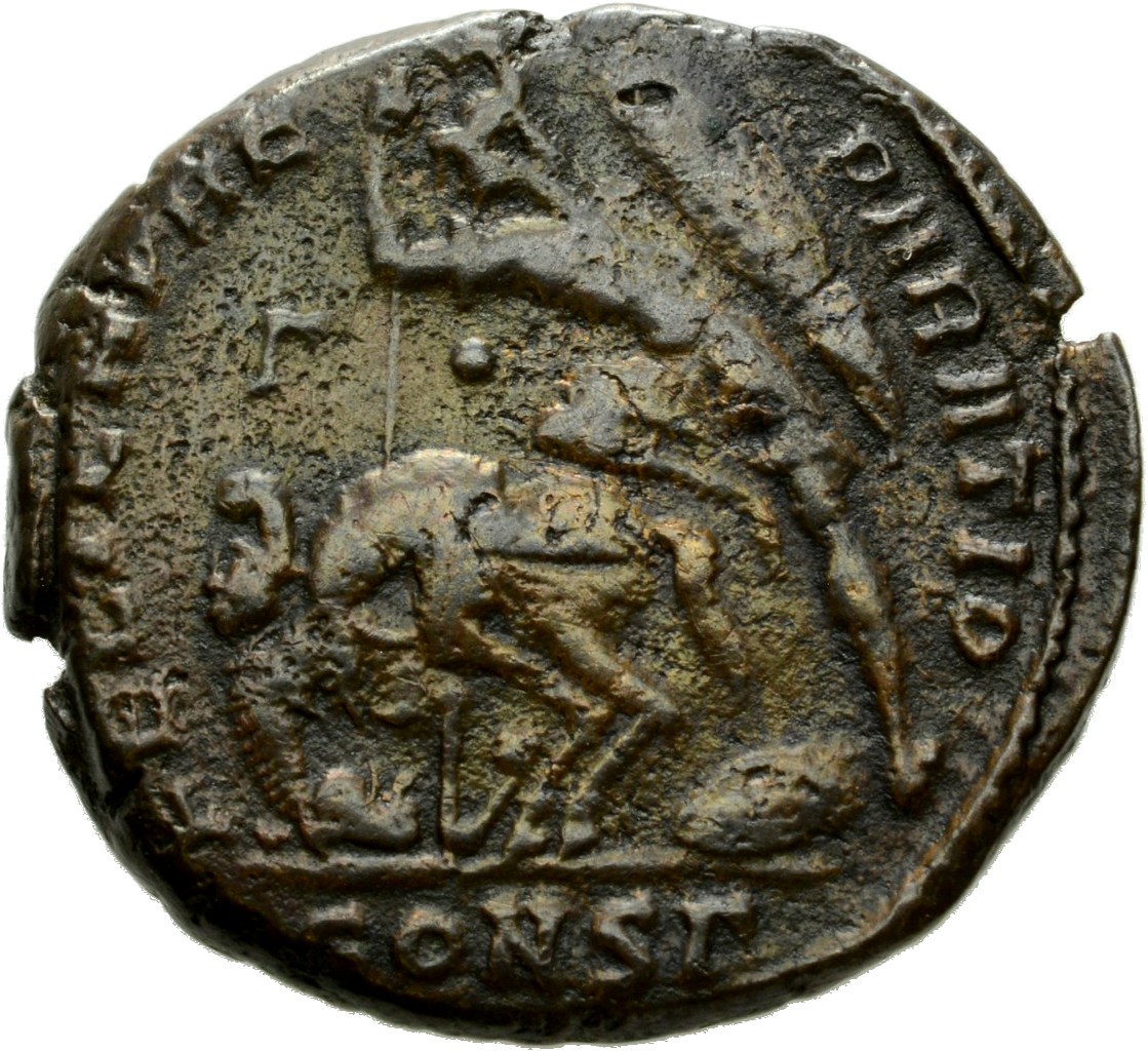 RIC VIII Constantinople 106 Constantius II reverse, Soldier, helmeted, draped, cuirassed, advancing left, spearing fallen ...