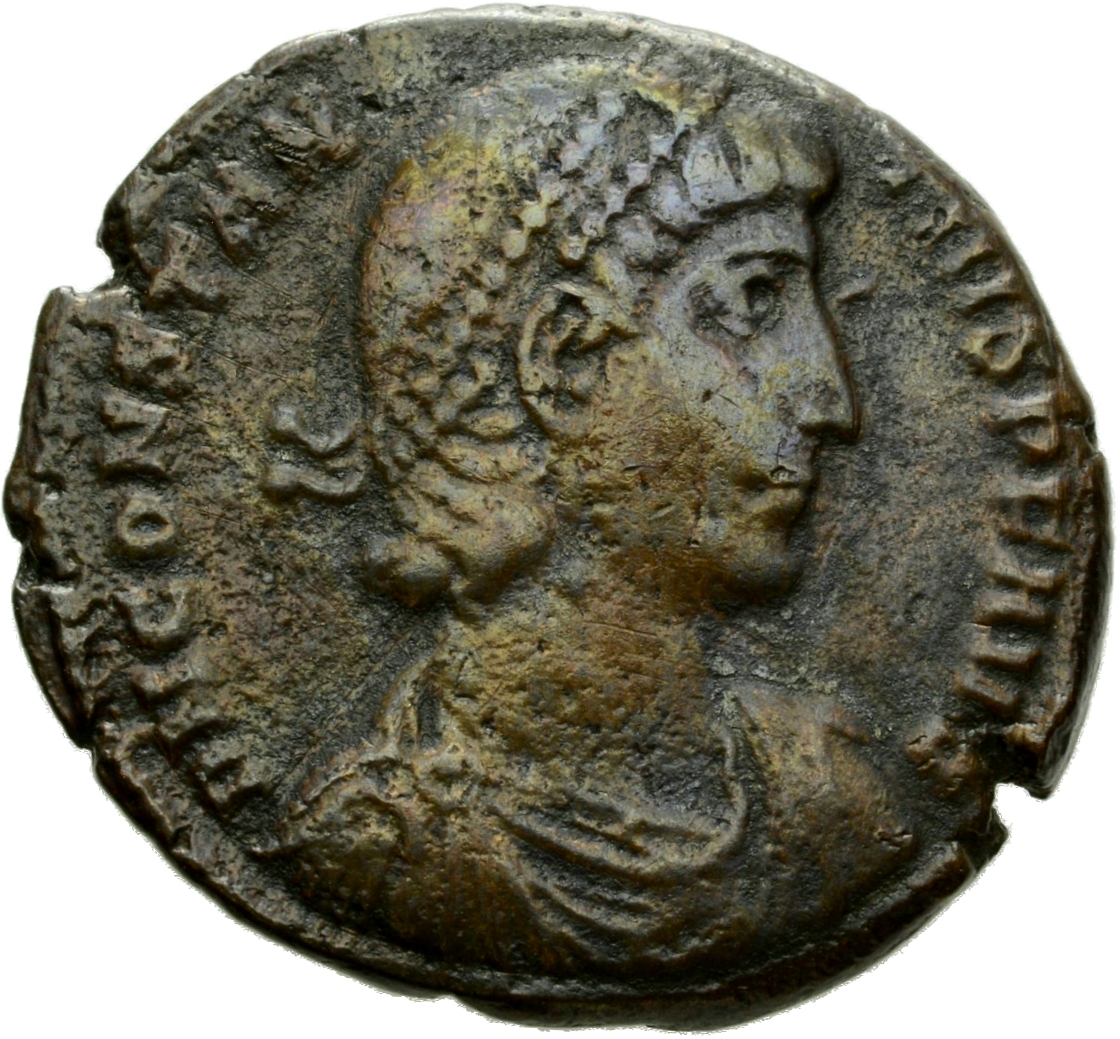 RIC VIII Constantinople 106 Constantius II obverse, Bust of Constantius II, pearl-diademed, draped, cuirassed, right