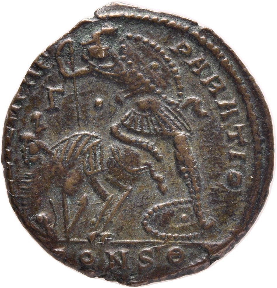 RIC VIII Constantinople 107 Constantius II reverse, Soldier, helmeted, draped, cuirassed, advancing left, spearing fallen ...
