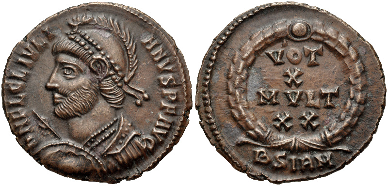 RIC VIII Constantinople 108 Constantius II obverse, Bust of Constantius II, pearl-diademed, draped, cuirassed, right; Δ be...