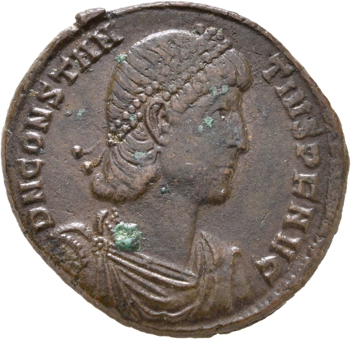 RIC VIII Constantinople 118 Constantius II obverse, Bust of Constantius II, pearl-diademed, draped, cuirassed, right