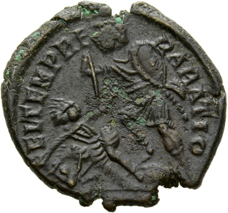 RIC VIII Constantinople 120 Constantius II reverse, Soldier, helmeted, draped, cuirassed, advancing left, spearing fallen ...