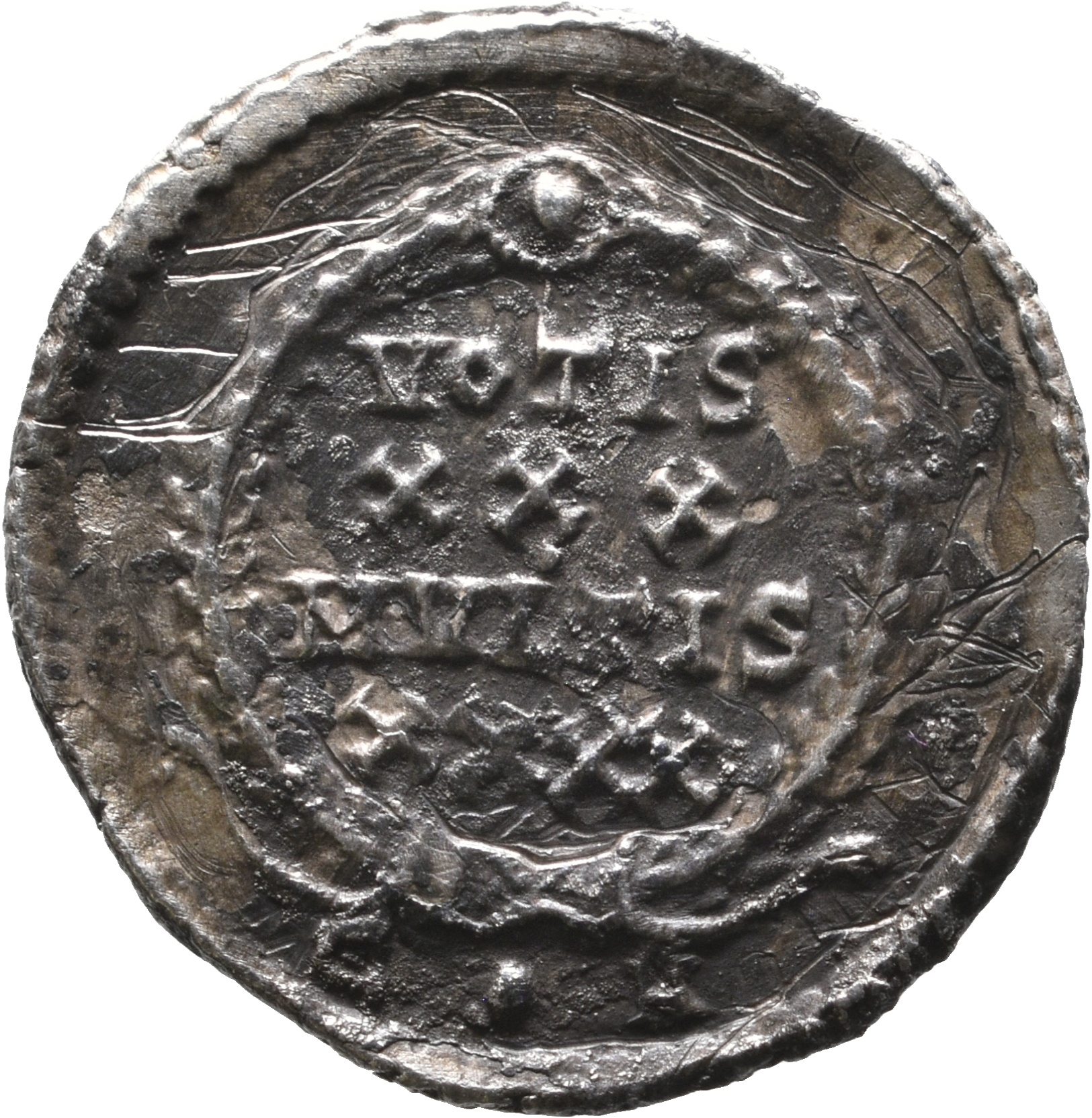 RIC VIII Constantinople 133 Constantius II reverse, VOTIS/XXX/MVLTIS/XXXX within a wreath