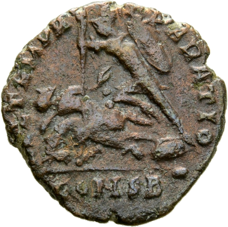 RIC VIII Constantinople 135 Constantius II reverse, Soldier, helmeted, draped, cuirassed, advancing left, spearing fallen ...