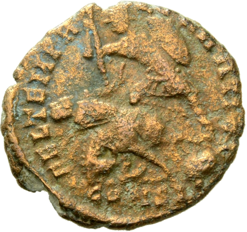 RIC VIII Constantinople 135 Constantius II reverse — Soldier, helmeted, draped, cuirassed, advancing left, spearing fallen...