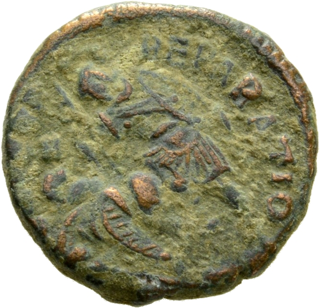 RIC VIII Constantinople 139 Constantius II reverse, Soldier, helmeted, draped, cuirassed, advancing left, spearing fallen ...