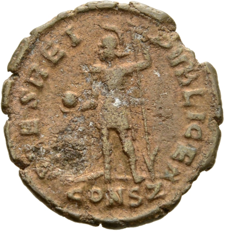 RIC VIII Constantinople 152 Constantius II reverse, Julian, helmeted, draped, cuirassed, standing left, holding globe in r...