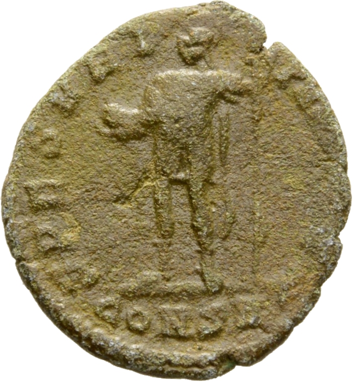 RIC VIII Constantinople 152 Constantius II reverse — Julian, helmeted, draped, cuirassed, standing left, holding globe in ...