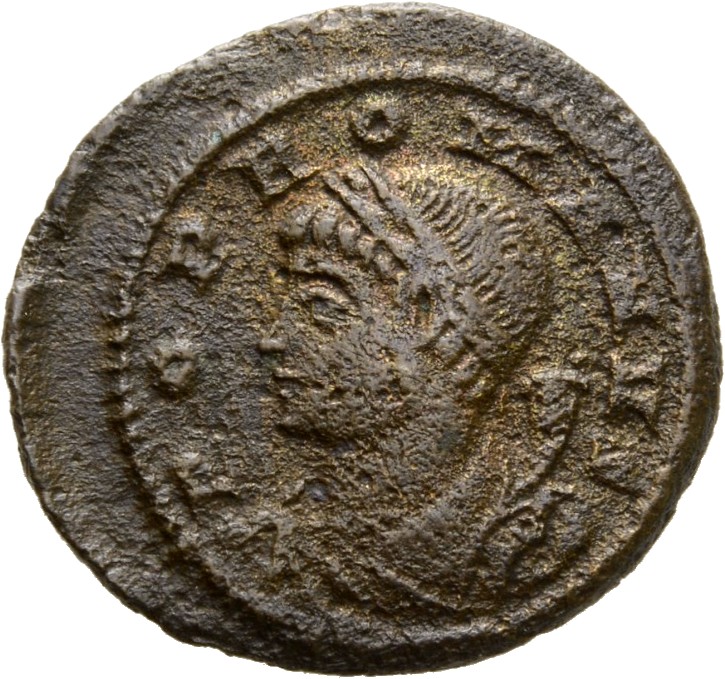 Constantine I obverse — Bust of the Genius of the People of Rome, laureate, draped, left, holding cornucopiae on left shoulder