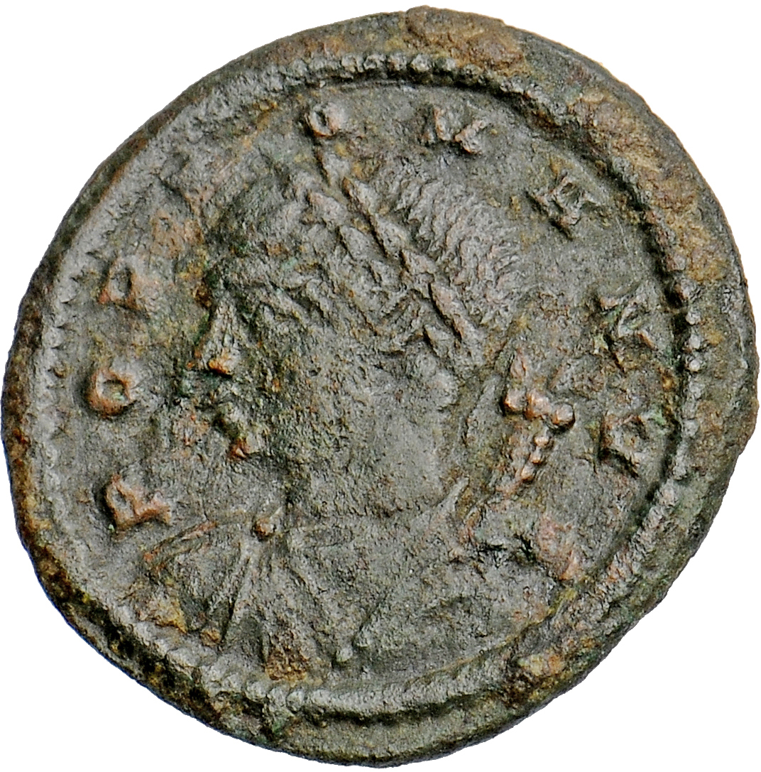 Constantine I obverse — Bust of the Genius of the People of Rome, laureate, draped, left, holding cornucopiae on left shoulder