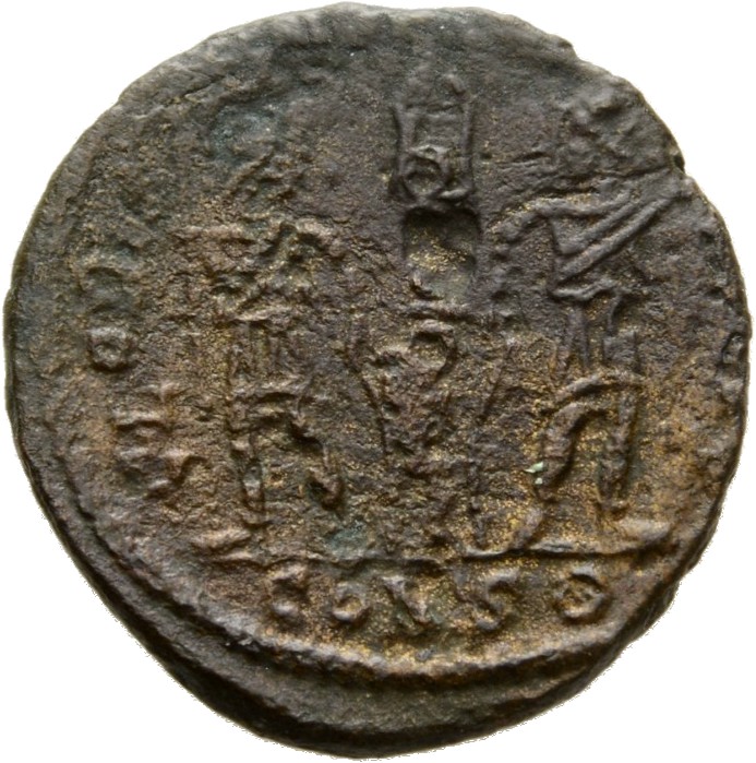 RIC VIII Constantinople 23 Constantius II reverse, Two soldiers, helmeted, draped, cuirassed, facing front, heads toward e...