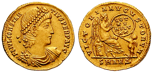 RIC VIII Constantinople 25 Constantius II obverse, Head of Constantine II, laureate, rosette-diademed, right