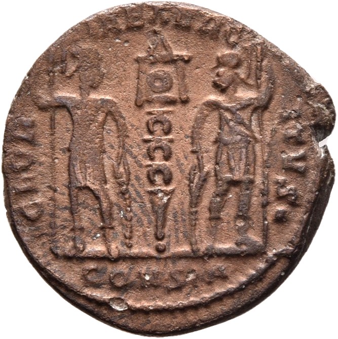RIC VIII Constantinople 28 Constantius II reverse, Two soldiers, helmeted, draped, cuirassed, facing front, heads toward e...