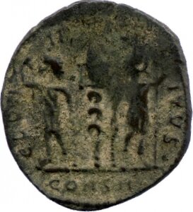 RIC VIII Constantinople 28 Constantius II reverse — Two soldiers, helmeted, draped, cuirassed, facing front, heads toward ...