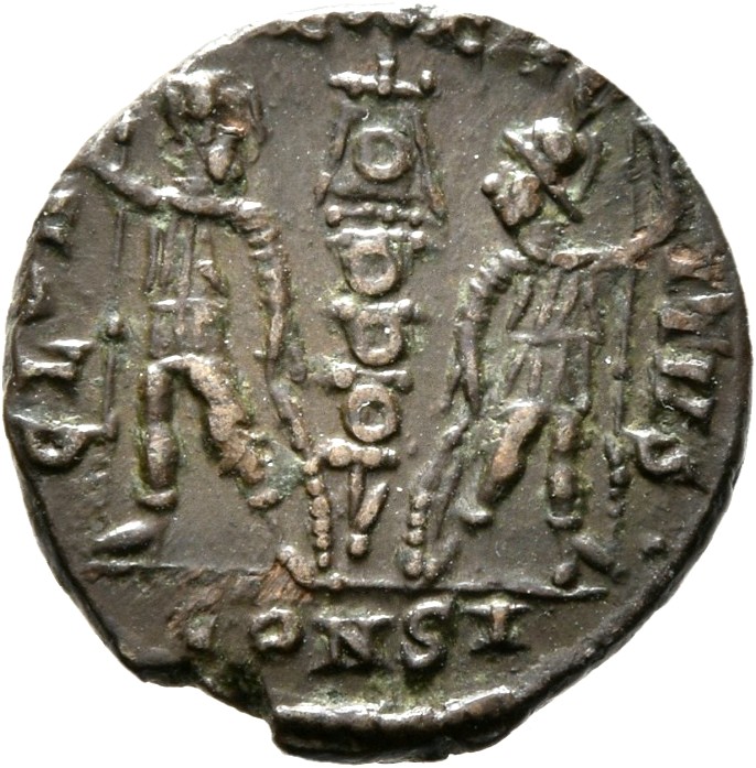 RIC VIII Constantinople 29 Constantius II reverse, Two soldiers, helmeted, draped, cuirassed, facing front, heads toward e...