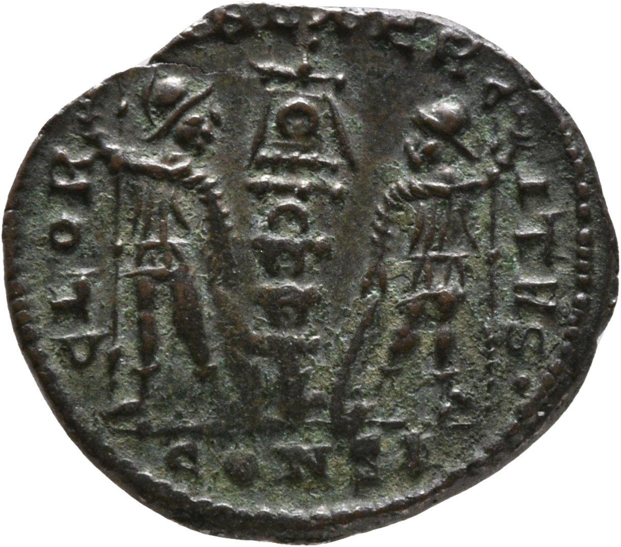 RIC VIII Constantinople 29 Constantius II reverse, Two soldiers, helmeted, draped, cuirassed, facing front, heads toward e...