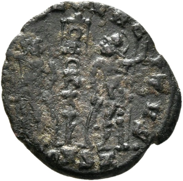RIC VIII Constantinople 31 Constantius II reverse, Two soldiers, helmeted, draped, cuirassed, facing front, heads toward e...