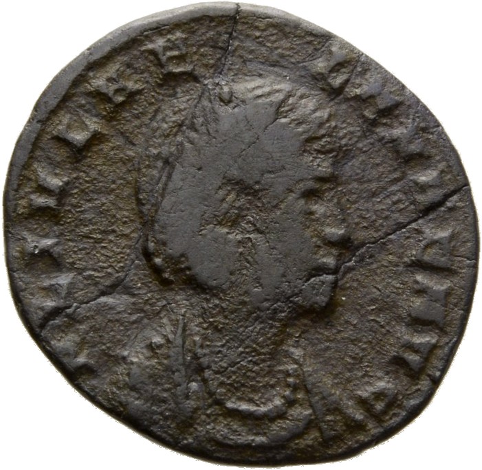 RIC VIII Constantinople 33 Constantius II obverse, Bust of Helena, hair elaborately dressed, wearing ornamental mantle and...