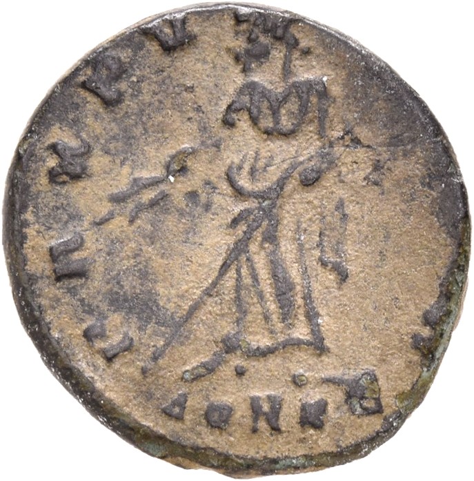 RIC VIII Constantinople 33 Constantius II reverse, Pax, draped, standing left, holding branch in right hand and transverse...