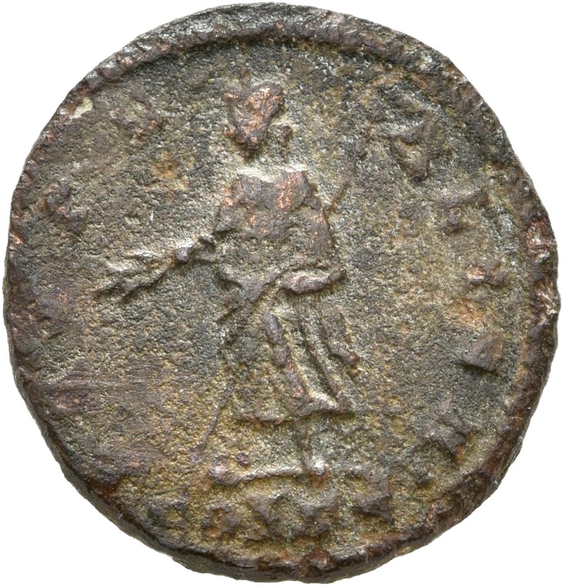 RIC VIII Constantinople 33 Constantius II reverse, Pax, draped, standing left, holding branch in right hand and transverse...