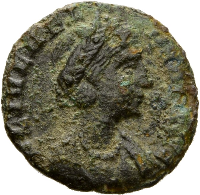 RIC VIII Constantinople 34 Constantius II obverse, Bust of Helena, hair elaborately dressed, wearing ornamental mantle and...