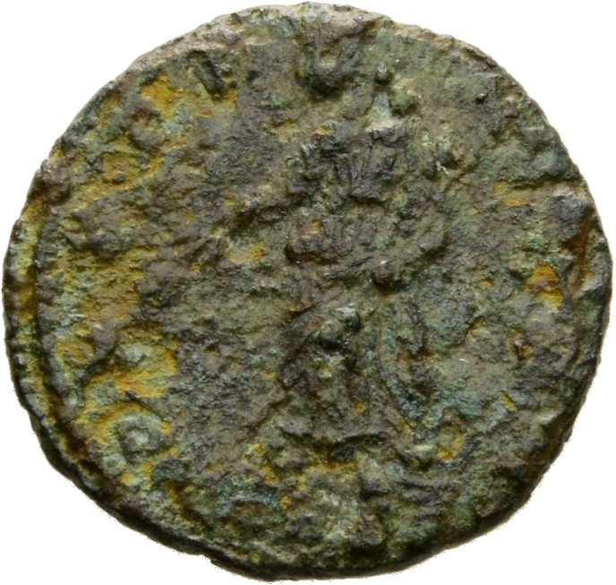 RIC VIII Constantinople 34 Constantius II reverse, Pax, draped, standing left, holding branch in right hand and transverse...