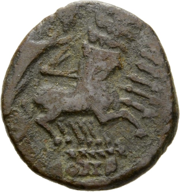 RIC VIII Constantinople 37 Constantius II reverse, Constantine I, veiled, draped, riding right in quadriga; Hand of God re...