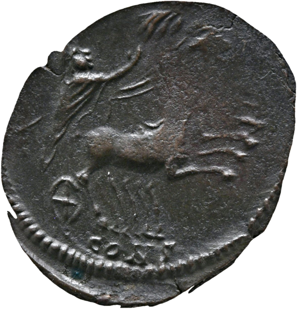 RIC VIII Constantinople 37 Constantius II reverse, Constantine I, veiled, draped, riding right in quadriga; Hand of God re...
