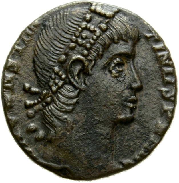 RIC VIII Constantinople 41 Constantius II obverse, Head of Constantine II, rosette-diademed, right