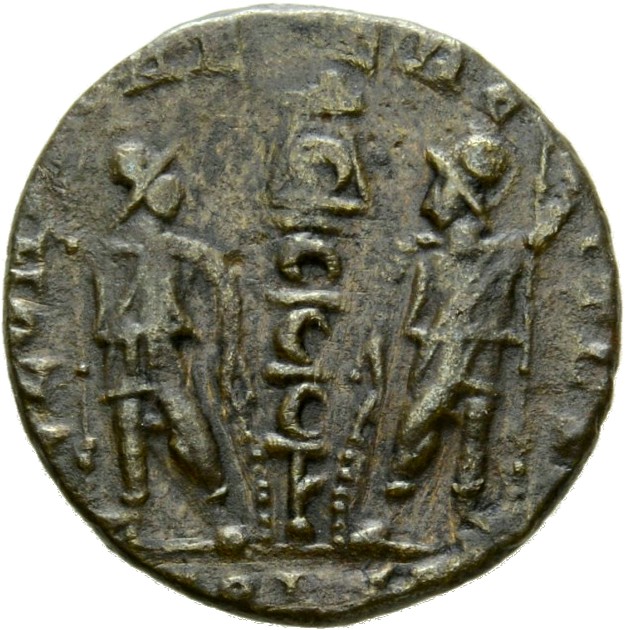 RIC VIII Constantinople 41 Constantius II reverse, Two soldiers, helmeted, draped, cuirassed, facing front, heads toward e...