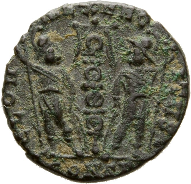 RIC VIII Constantinople 43 Constantius II reverse, Two soldiers, helmeted, draped, cuirassed, facing front, heads toward e...
