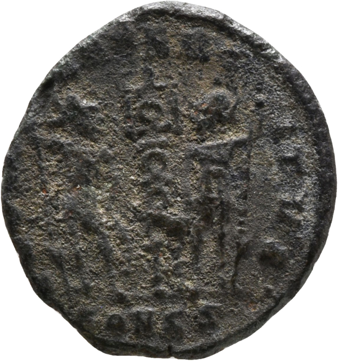 RIC VIII Constantinople 43 Constantius II reverse, Two soldiers, helmeted, draped, cuirassed, facing front, heads toward e...