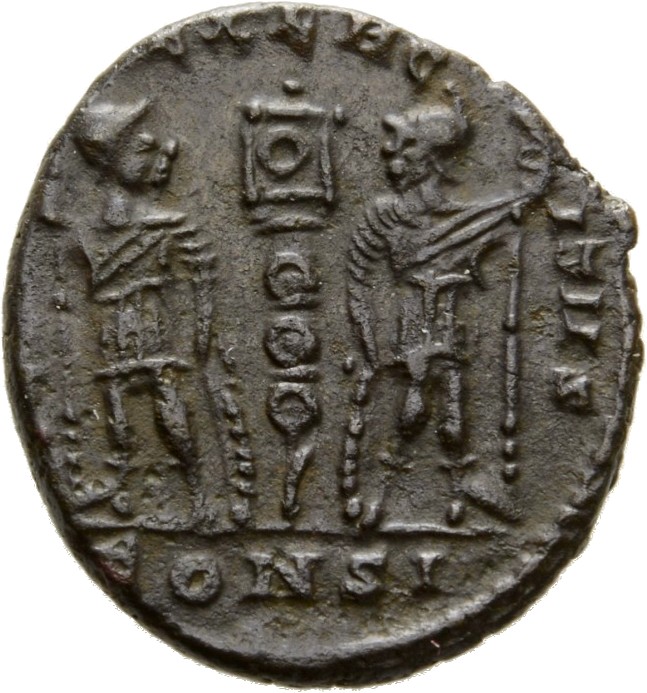 RIC VIII Constantinople 45 Constantius II reverse, Two soldiers, helmeted, draped, cuirassed, facing front, heads toward e...