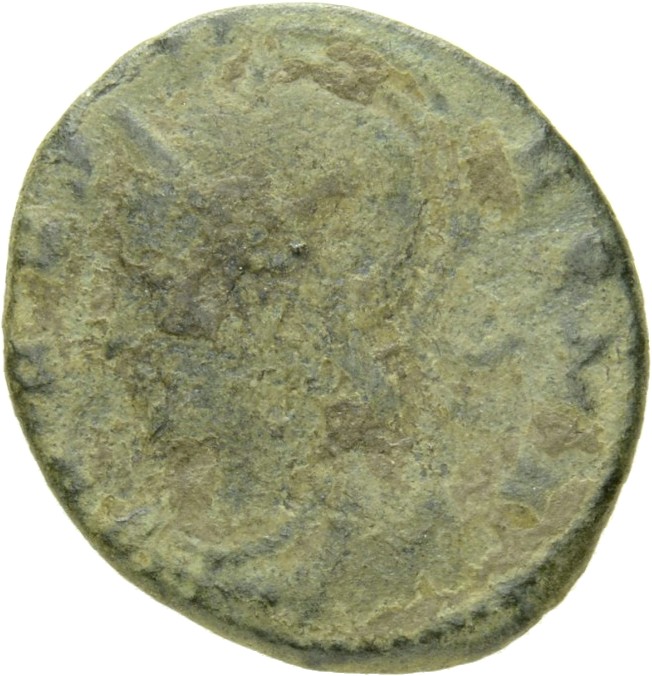 RIC VIII Constantinople 46 Constantius II obverse, Bust of Roma, visored with crested helmet, wearing ornamental mantle, left