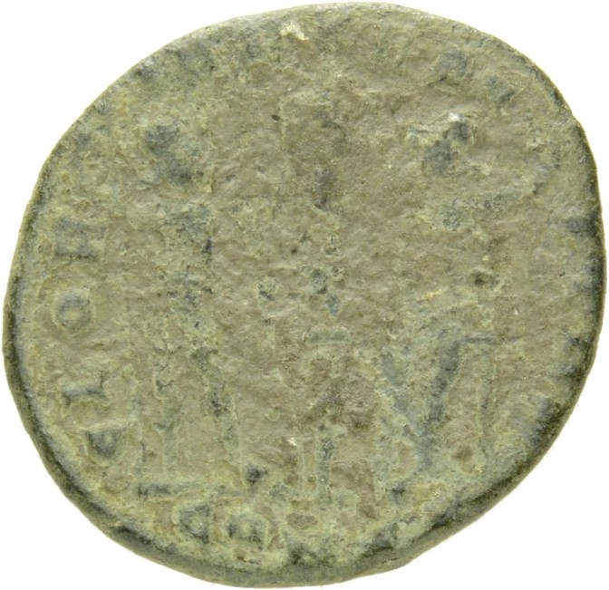 RIC VIII Constantinople 46 Constantius II reverse, Two soldiers, helmeted, draped, cuirassed, facing front, heads toward e...