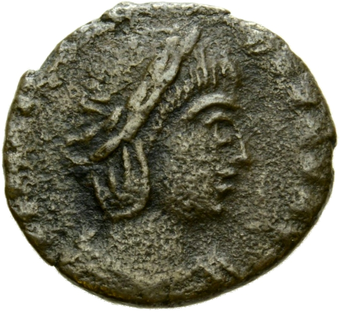 RIC VIII Constantinople 50 Constantius II obverse, Bust of Theodora, hair elaborately dressed, wearing plain mantle and ne...